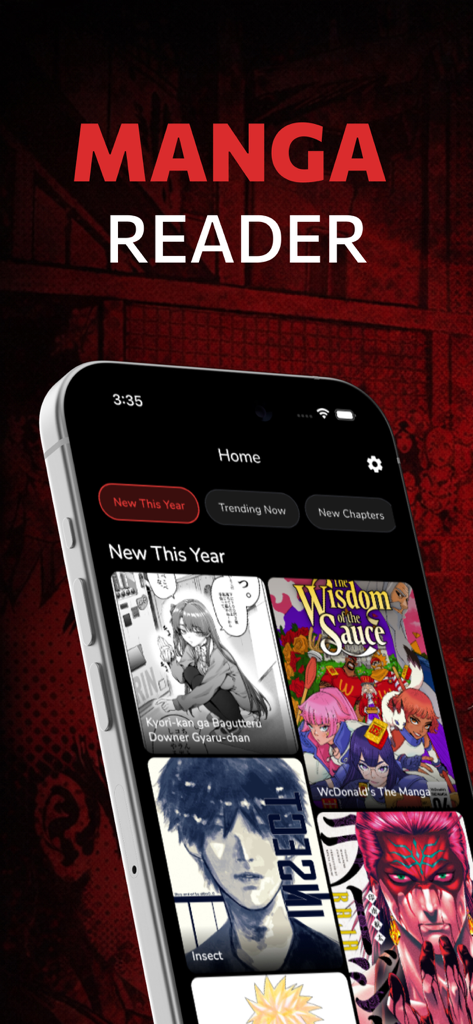 Manga Reader – Anime & Comics - Pantalla de inicio de la aplicación Manga Reader que muestra una selección de títulos de manga nuevos y categorías populares.