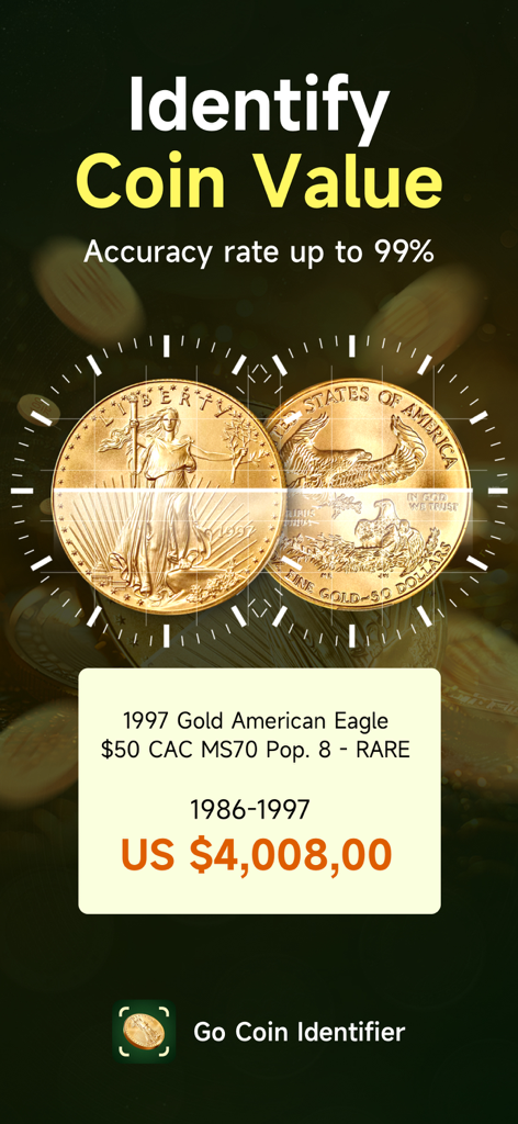 Go Coin Identifier: Coin Value - A mobile app interface scanning a rare 1997 Gold American Eagle coin to identify its market value of over four thousand dollars.