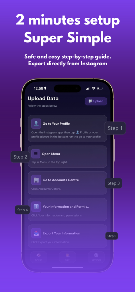 A mobile app interface displaying a five-step guide for exporting Instagram data safely.