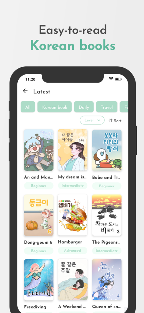 Kbook - Korean book - Kbook App-Bibliothek mit verschiedenen koreanischen Comics, kategorisiert nach Schwierigkeitsgrad für Sprachlerner