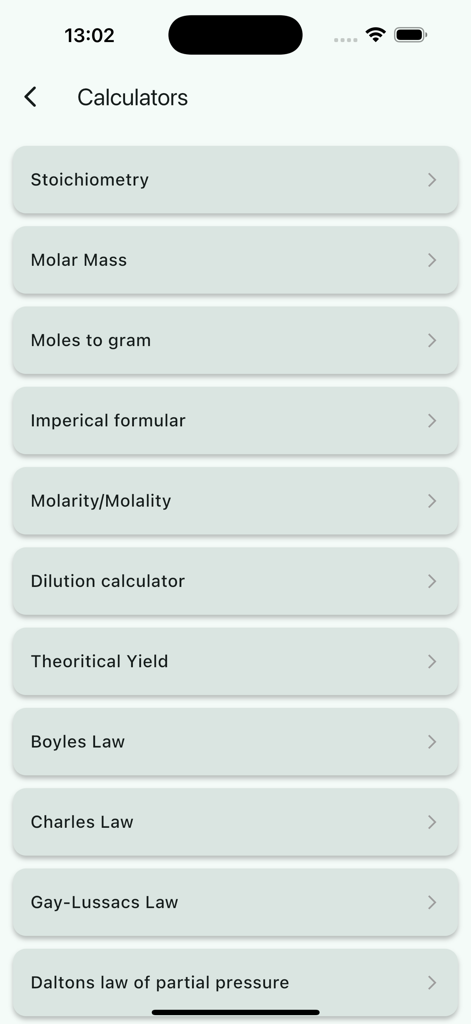 Chemistry lab pro - Menú que muestra varias calculadoras de química como Estequiometría y Masa Molar