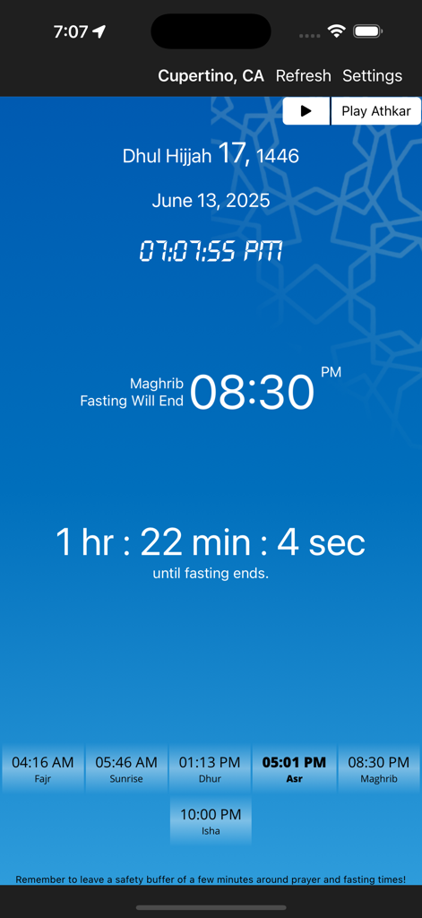 Ramadan Dashboard - Ramadan Dashboard app interface showing a countdown until fasting ends and a list of daily prayer times