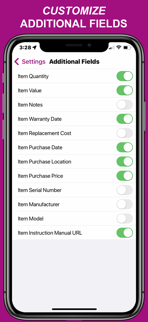 Settings screen in the Everspruce app showing customizable data fields for home inventory items
