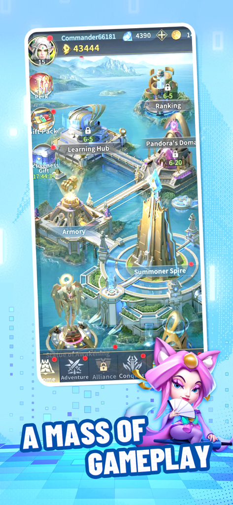 Overview of a fantasy city map in Titan War showing buildings like Armory and Summoner Spire with a pink-haired character in the foreground