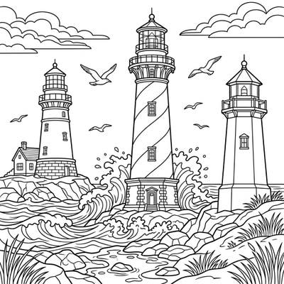 Embark on a coastal adventure with this captivating coloring page featuring magnificent historic lighthouses. Designed for kids, it offers recognizable shapes and moderate details for an enjoyable creative experience.