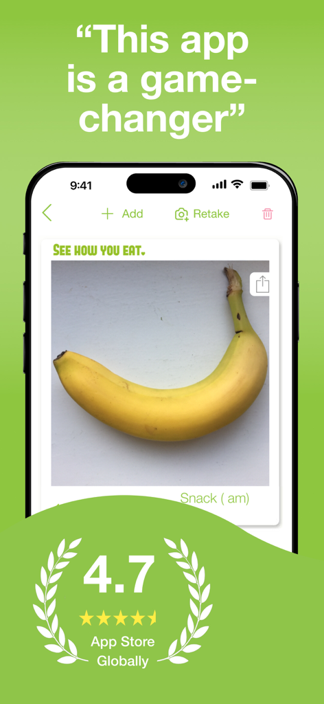 Food Diary See How You Eat Log - Una captura de pantalla de la interfaz de la aplicación See How You Eat que muestra un registro fotográfico de un plátano y una calificación de 4.7 estrellas en la App Store.