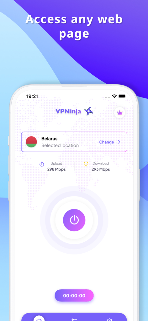 Interface of VPN Ninja app on iPhone showing high speed connection and location selection