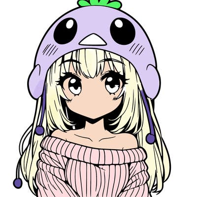 anime girl with chick shaped hat with sweater with bare shoulders with bangs covering them one eye with low tail