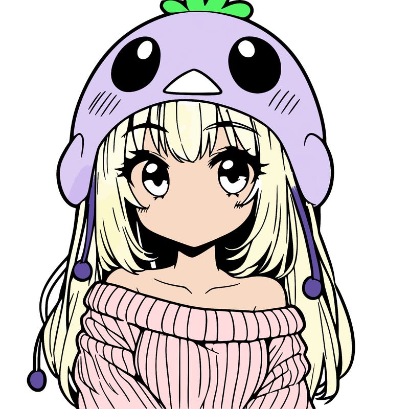 anime girl with chick shaped hat with sweater with bare shoulders with bangs covering them one eye with low tail