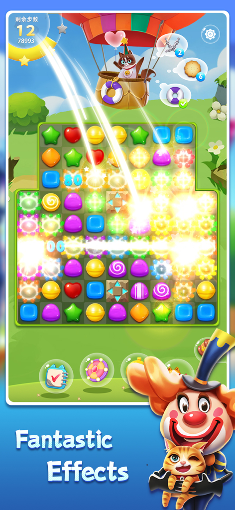 Match 3 gameplay screenshot of Candy Cat with colorful candy blocks and vibrant light effects