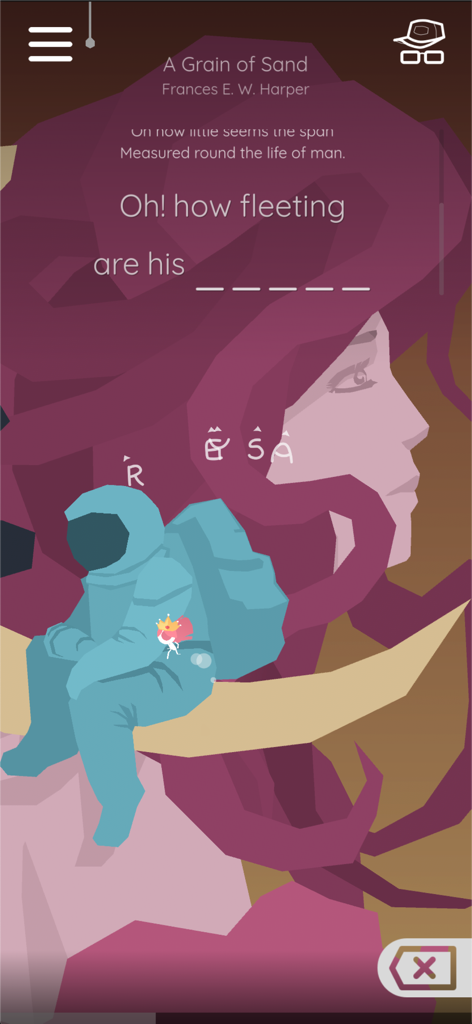 Scattered Verse - Scattered Verse gameplay showing a poetry level with an astronaut character and floating letters