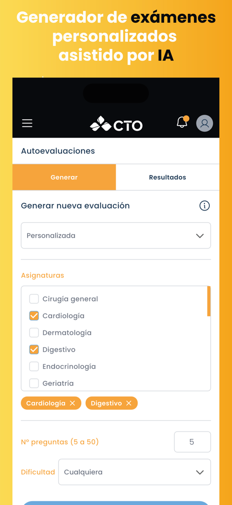 MetaEnarm mobile app interface showing the AI powered personalized medical exam generator with subject selection like Cardiology and Digestive