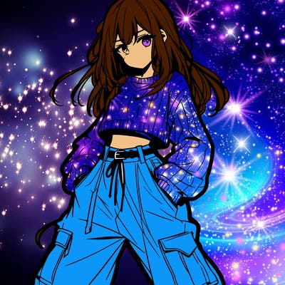 anime teen girl with baggy pants and crop top with sweater