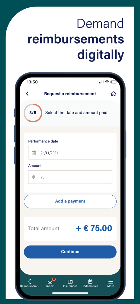 A smartphone screen from the My Helan app showing how to request a digital reimbursement for medical expenses