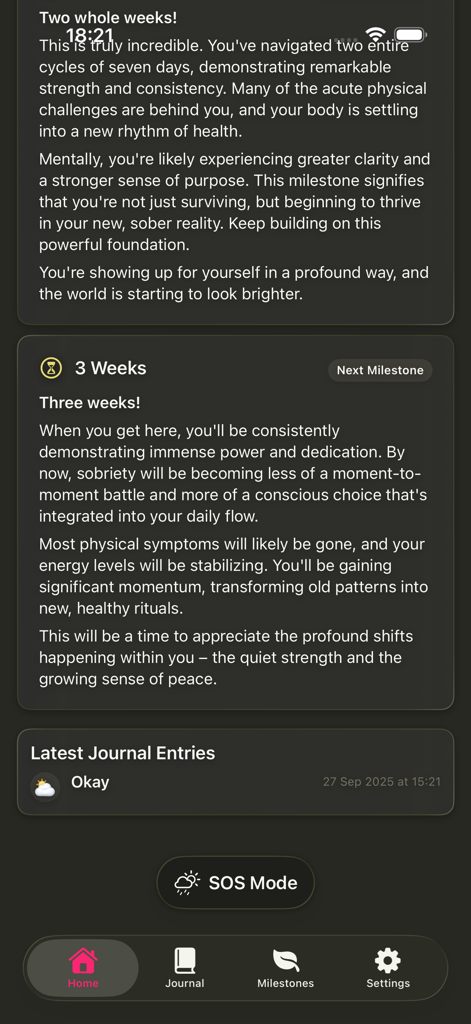 Simple Sober Tracker - A dark themed interface of the Simple Sober Tracker app showing sobriety milestones and a journal entry