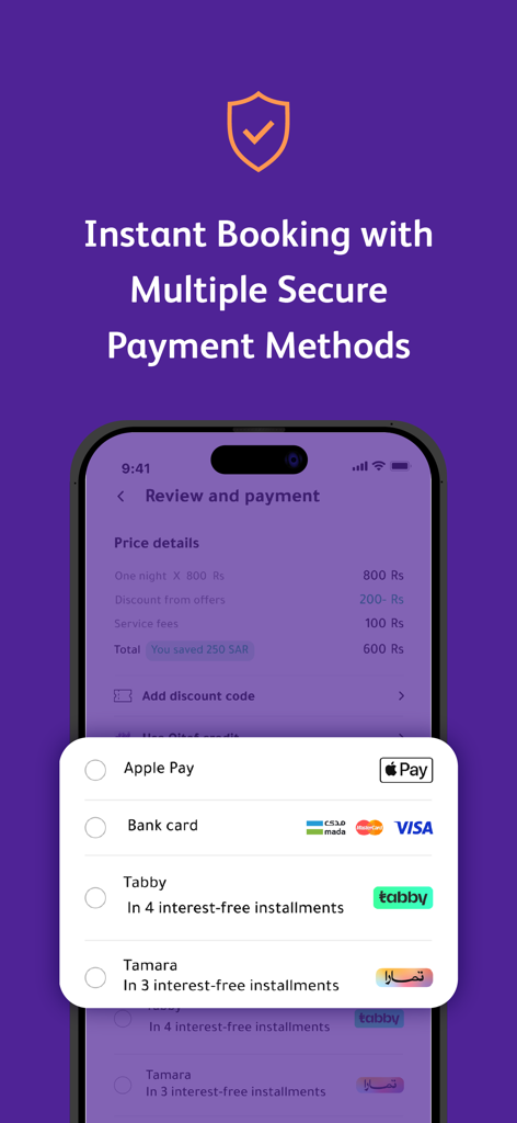 Gathern جاذر إن - Gathern mobile app payment screen showing various secure checkout options including Apple Pay, credit cards, and Tabby installments.