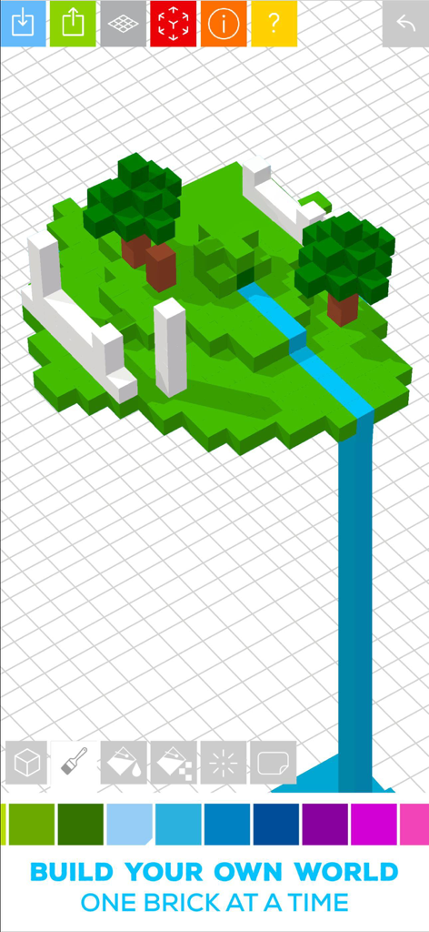 Tayasui Blocks - Brick & Block - Tayasui Blocks app interface showing a 3D voxel landscape with trees and a waterfall.