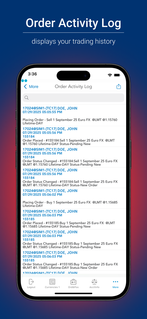 Pantalla del Registro de Actividad de Órdenes en la aplicación QST Mobile que muestra un historial de trading detallado y actualizaciones de estado para usuarios profesionales.