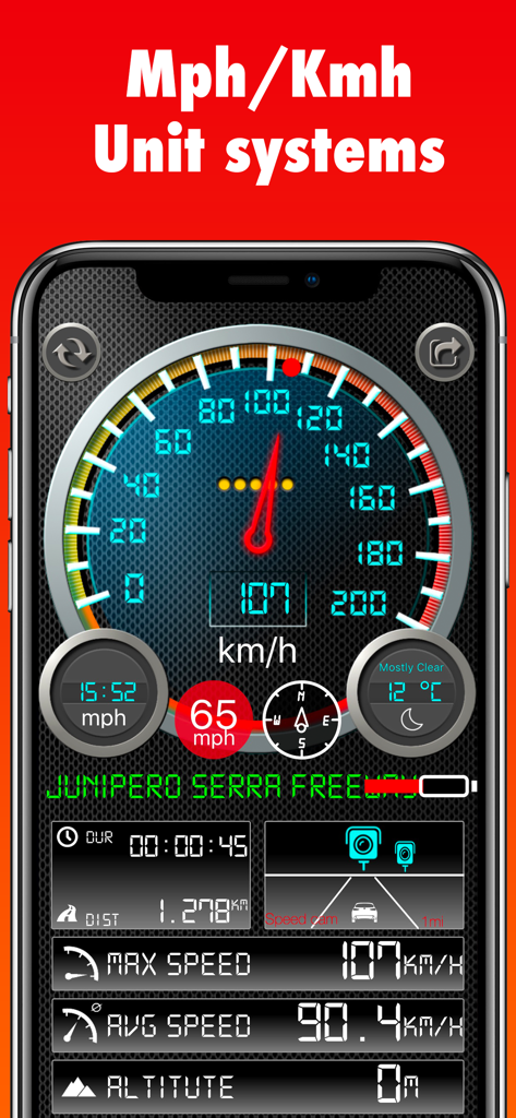 Speedmeter app interface showing mph and kmh unit systems with driving statistics