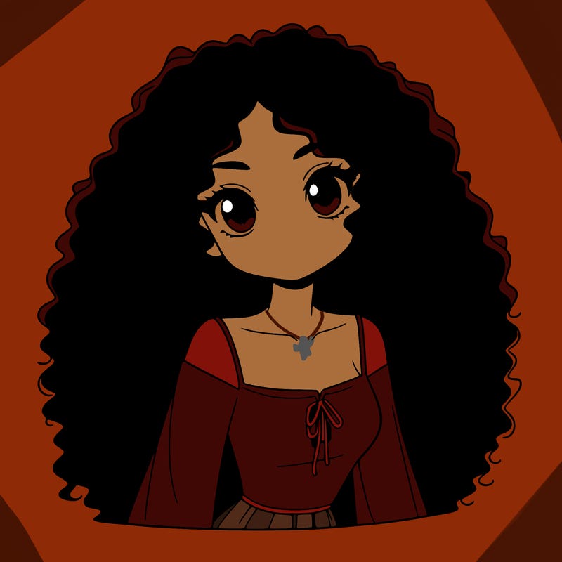 a black anime girl with long afro hair