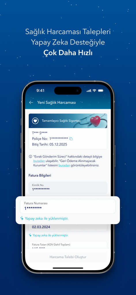 AI 지원으로 처리 중인 건강 비용 청구를 보여주는 터키 보험 모바일 앱 인터페이스