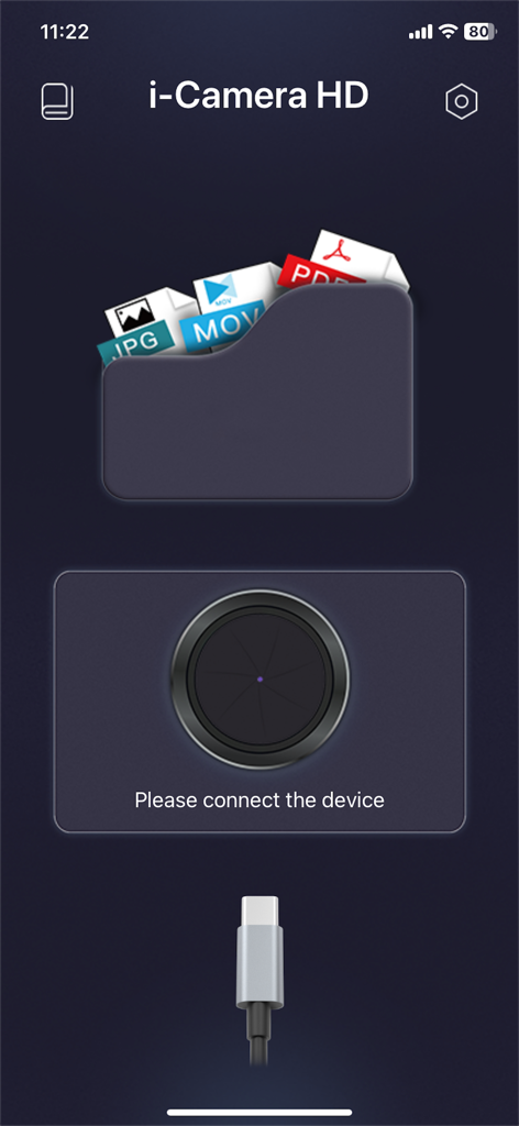 i-Camera HD - A interface do aplicativo i-Camera HD solicitando ao usuário que conecte um dispositivo de câmera industrial com ícones para gerenciamento de arquivos
