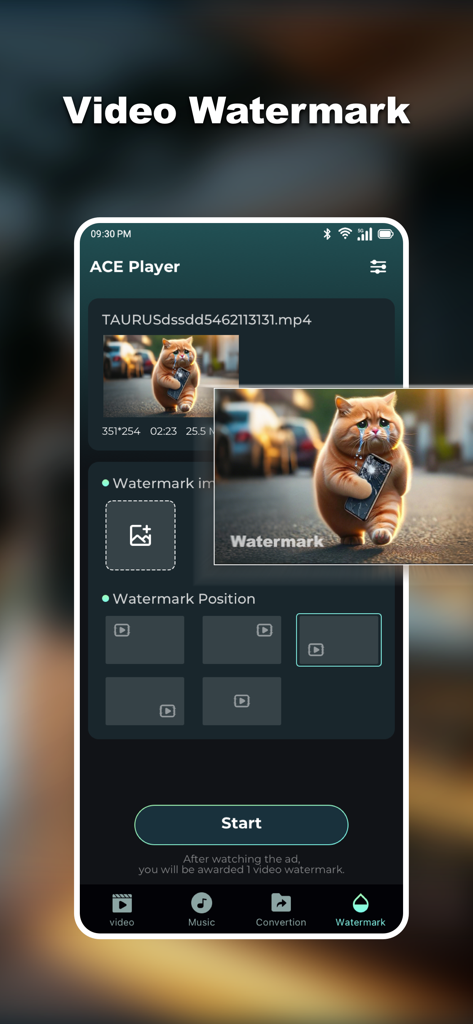 ACE Player - Short Drama - Interfaz de la aplicación ACE Player mostrando la función de personalización de marca de agua de video con selección de posición