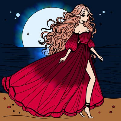 beautiful woman with a vaporous long dress walking on the beach at the noon, detailed art