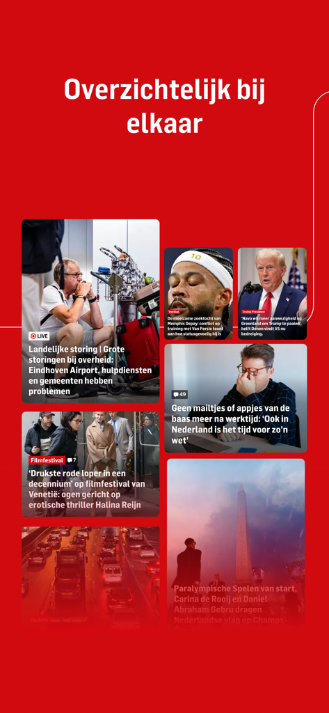 Un collage de artículos de noticias holandeses sobre un fondo rojo dentro de la interfaz de la aplicación Tubantia.