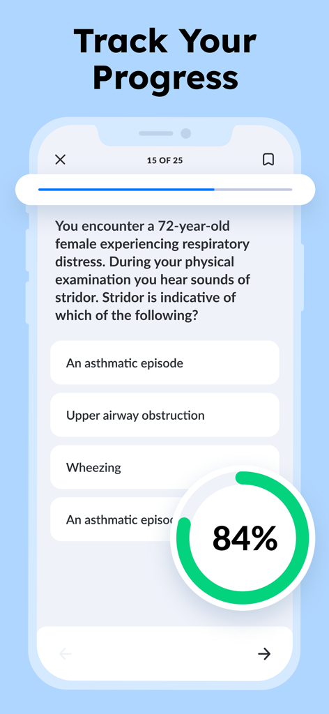 NREMT Prep. Medic Test 2026 - Interface de l'application de préparation NREMT montrant une question de quiz pratique médicale et un indicateur de suivi de progression de 84 %.