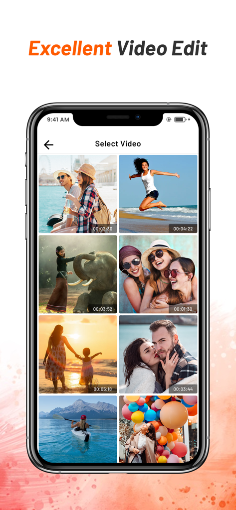 Écran de smartphone montrant la galerie Sélectionner Vidéo avec une grille de miniatures vidéo dans l'application Éditeur Vidéo.
