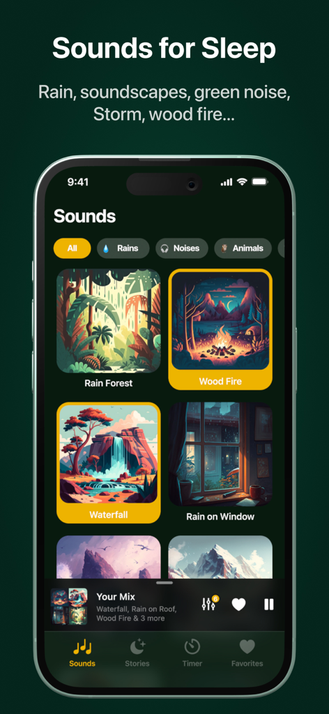 Interfaz de la aplicación Green Noise que muestra categorías de sonido de la naturaleza y mezclas de sonido personalizadas