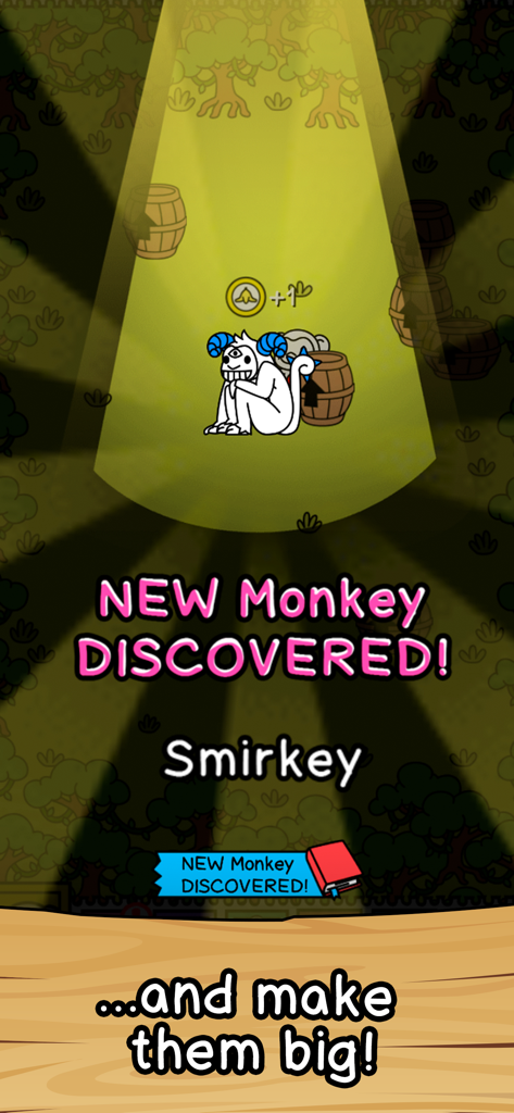 A screen showing the discovery of a new evolution species called Smirkey in the Monkey Evolution Merge game.
