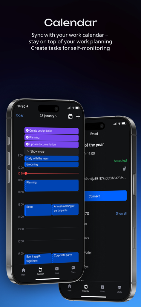 DION UC - DION UC app calendar interface displaying work meetings and tasks on mobile devices