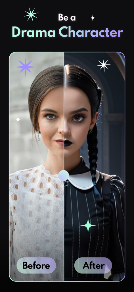 FaceVibe - AI Photo & Video - Comparação antes e depois de uma mulher transformada em personagem de drama usando IA