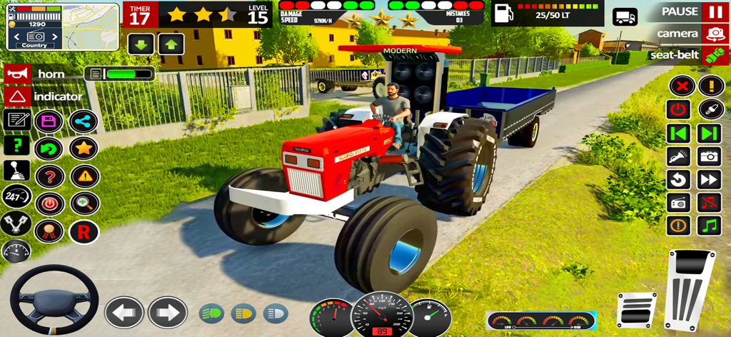 Tractor Games: Tractor Driving - A red tractor pulling a blue trailer on a countryside road in a farming simulation game