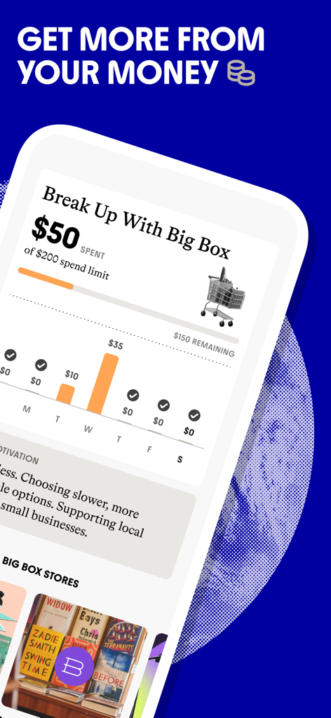 Commons: Make Your Money Count - Interface of the Commons app showing a spending limit tracker for big box stores with a weekly expenditure chart