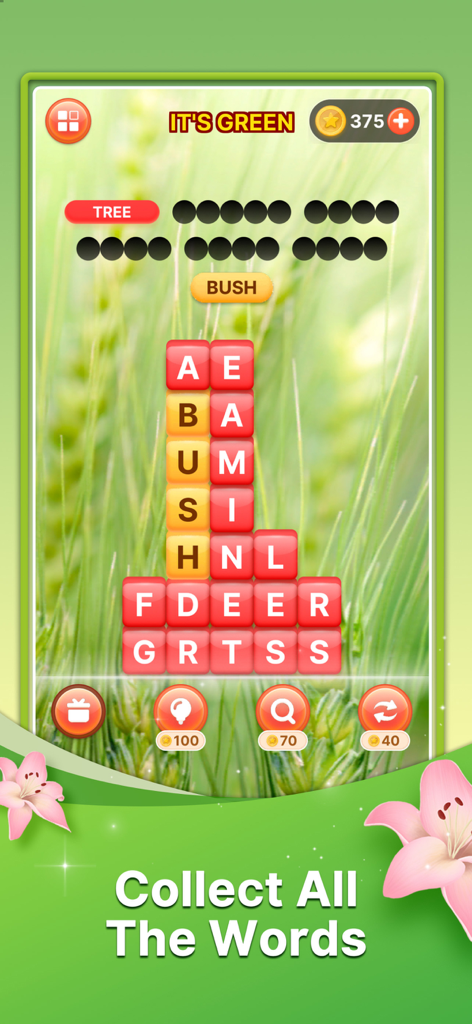 Word Search: Word Find Puzzle - A nature themed word search puzzle level where the user connects letters to find words like bush tree and deer