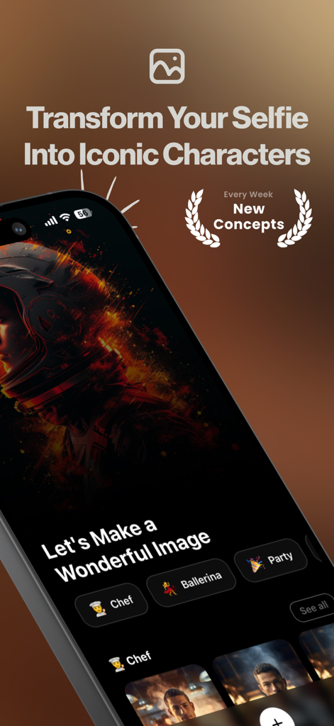 Facely: AI Face Swap & Art - Facely app promotional screen for transforming selfies into iconic characters using AI