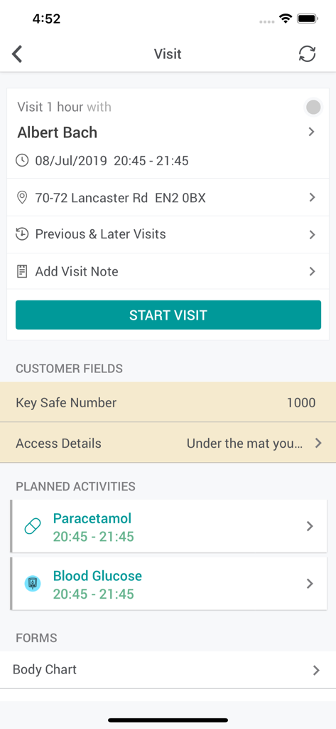 Access Care Planning app visit details screen with patient info and planned medical activities