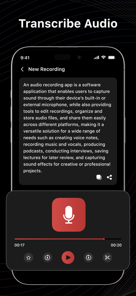 Voice Recorder : Voice Memos - Pantalla de la app móvil mostrando la función de transcribir audio con contenido de texto y controles de reproducción
