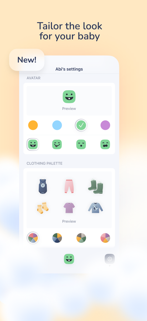 BabyWeather - Oberfläche der BabyWeather-App, die Anpassungsoptionen für den Baby-Avatar und die Farbpalette der Kleidung zeigt