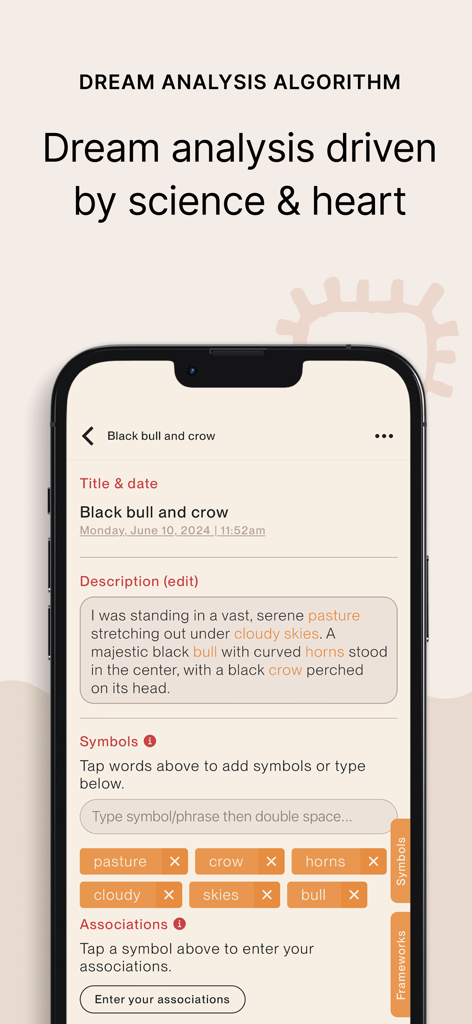 Temenos Dream: Dream Analysis - Temenos Dream app screen showing dream journal entry with highlighted analysis symbols.