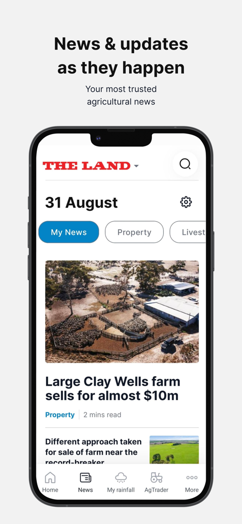 The Land: News & Livestock - Interface of The Land app displaying agricultural news and property listings