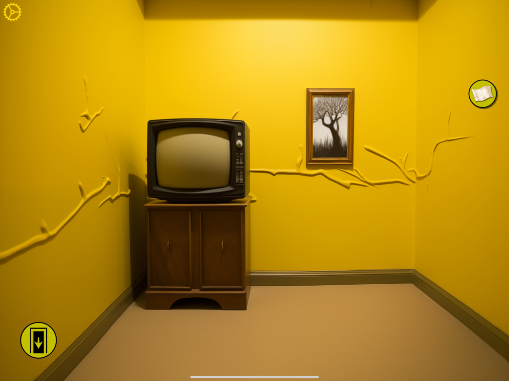 The Backrooms - Uma captura de tela de uma sala amarela surreal com uma televisão vintage e decorações de galhos em The Backrooms game.