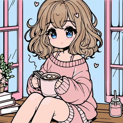 cute anime girl reading book and drinking hot chocolate from mug with loose wavy hair wearing a baggy sweatshirt and shorts sitting by windowsill looking out