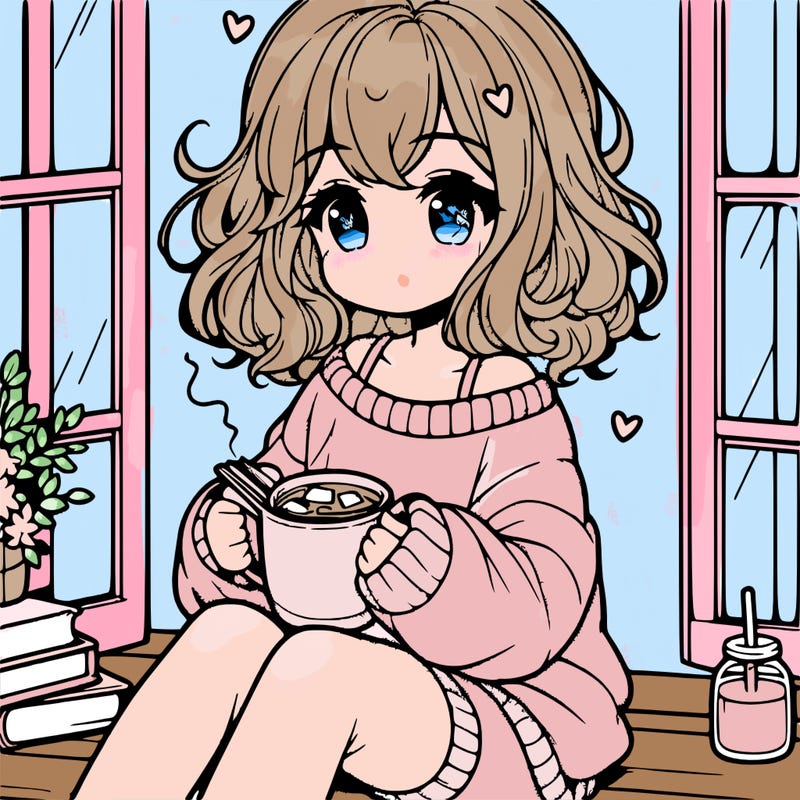 cute anime girl reading book and drinking hot chocolate from mug with loose wavy hair wearing a baggy sweatshirt and shorts sitting by windowsill looking out