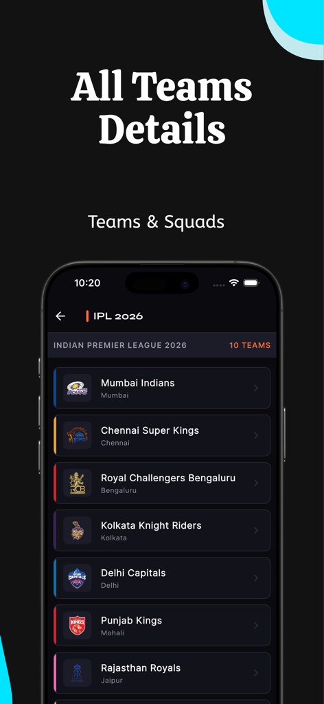 Lista de equipos y plantillas de la IPL 2026 en la aplicación CrickTrack