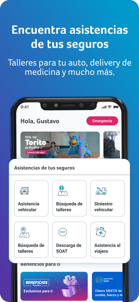 Mi Espacio Pacífico - Mobile app interface of Mi Espacio Pacifico showing insurance assistance services including vehicle support and workshop search.