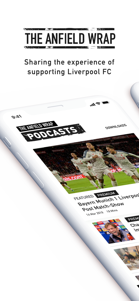 The Anfield Wrap - Interfaz de la aplicación móvil The Anfield Wrap que muestra episodios de podcasts del Liverpool FC y análisis post-partido